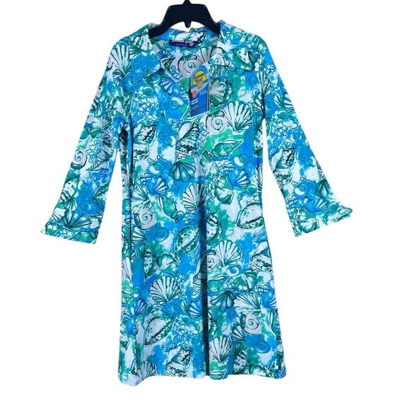 Banana Boat UPF 50+ polo dress 3/4 sleeves blue aqua color seashells size Small - Picture 2 of 10